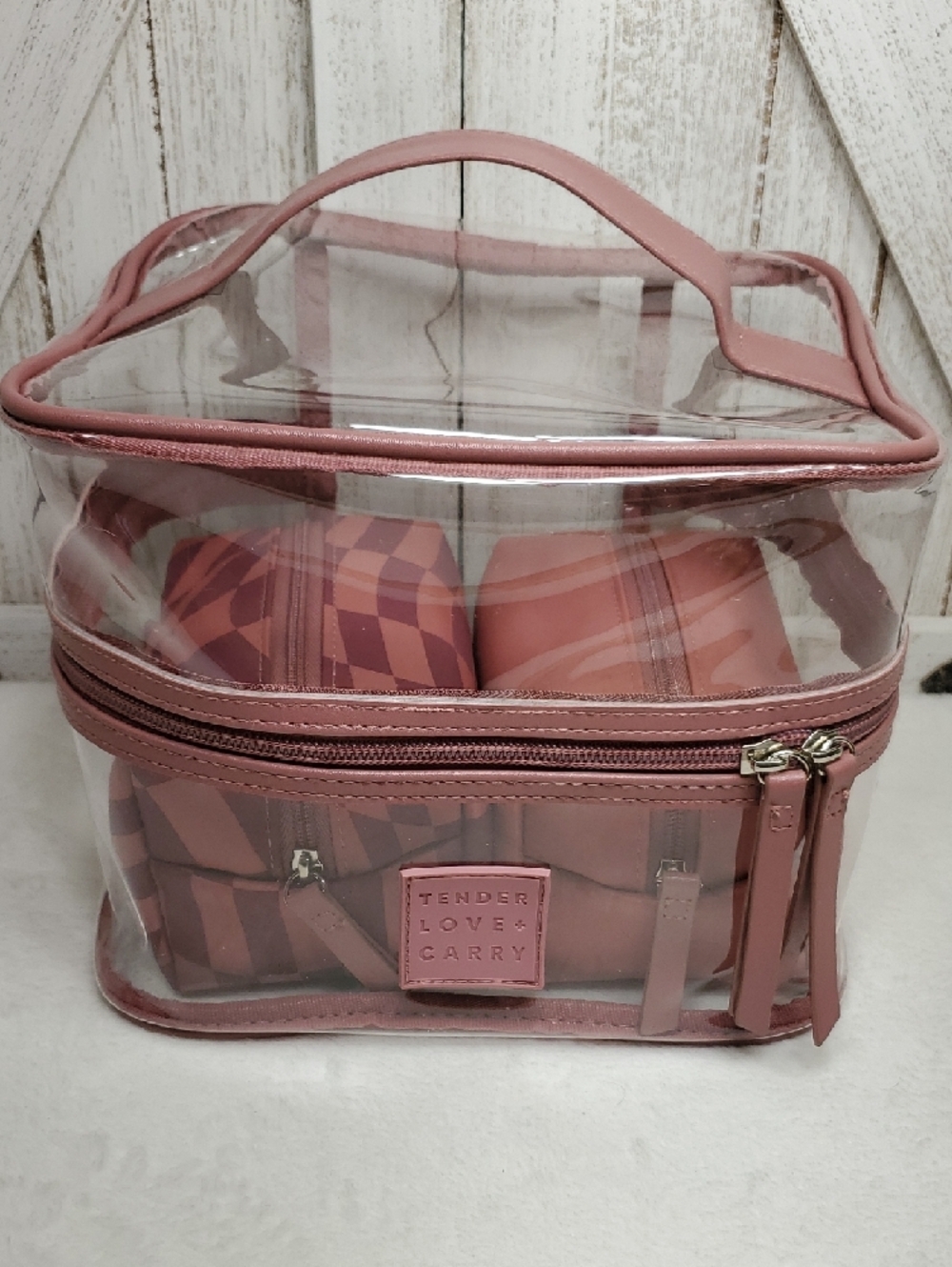 Tender Love & Carry Clear Mauve Makeup Bag & 2 Smaller Bags Set Travel Bag